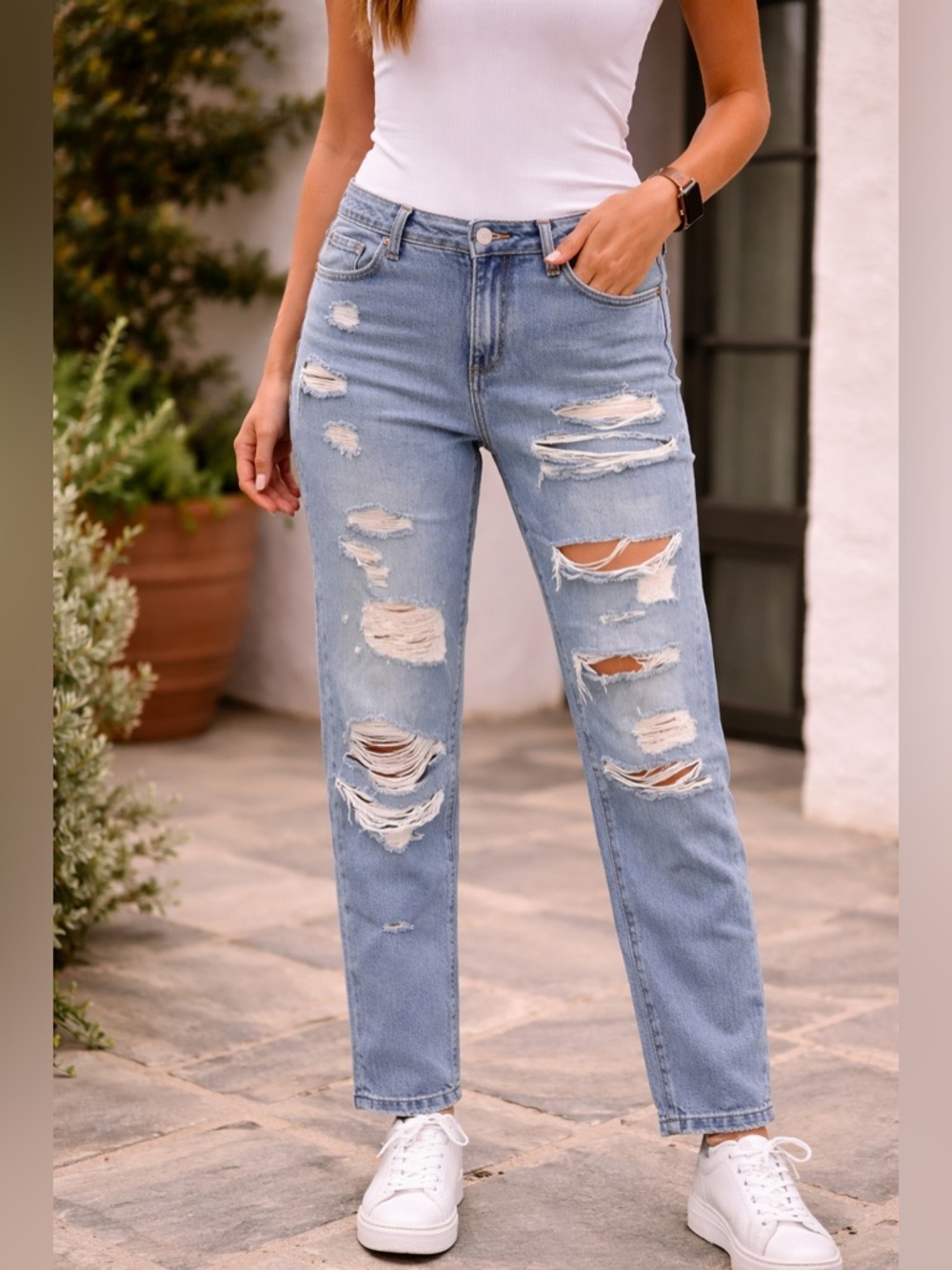 PAIGE Distressed Ripped Denim Jeans | Size 28 | Light Wash | Casual Relaxed Fit